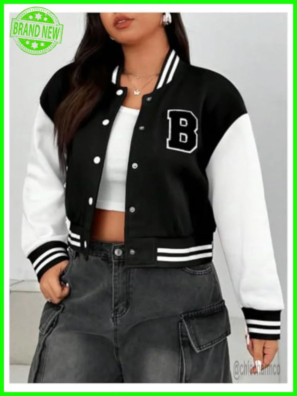 Plus Size Varsity Baseball Jacket Letter Graphic Colorblock Button Down Long
